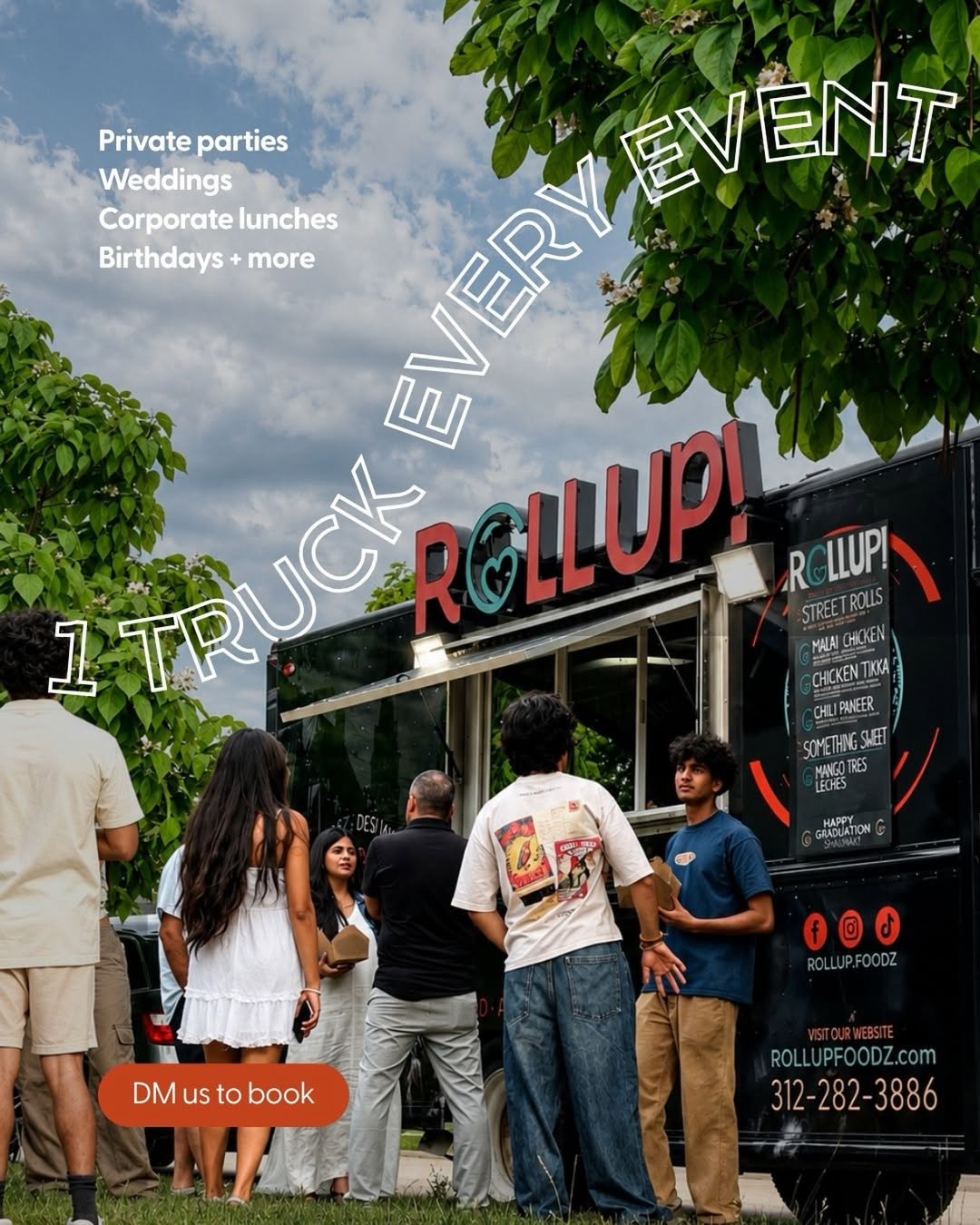 Honestly, your guests deserve a moment. Halal paratha rolls, cheesesteaks, custom menus built around your crowd... Rollup! brings the whole family and the whole spread. 